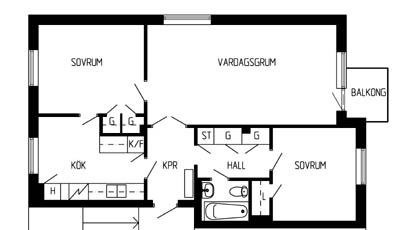Planritning 3 rum och kök. 73 kvm - Svegsgatan 23