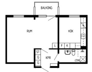 Ritning 1 rum och kök. 44,3 - 44,9 kvm - Kv Skräddaren Järnvägsgatan, Dalagatan