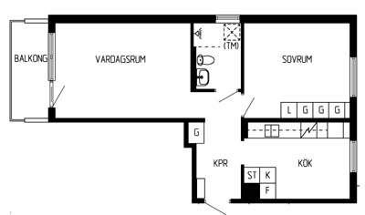 Ritning 2 rum och kök. 59,4 kvm - 60 kvm - Kv Skräddaren Järnvägsgatan, Dalagatan