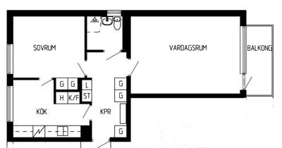 Planritning 2 rum och kök. 56,5 kvm - Gränsgatan 24