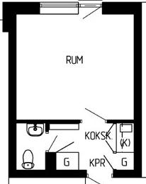 Planritning 1 rum och kokskåp. 23 kvm - Svegsgatan 23