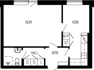 Planritning 1 rum och kök. 44 kvm - Svegsgatan 23