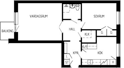 Planritning 2 rum och kök. 56,5 - 58 kvm - Svegsgatan 23