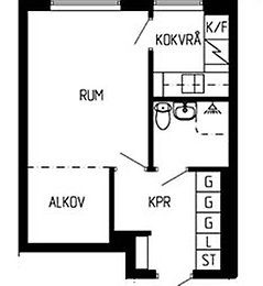 Planritning 1 rum och kokvrå. 29 kvm - Gränsgatan 26
